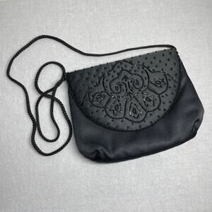 Vintage Beaded Crossbody Bag Black Satin Purse Artsy Formal Evening Elegant 90s